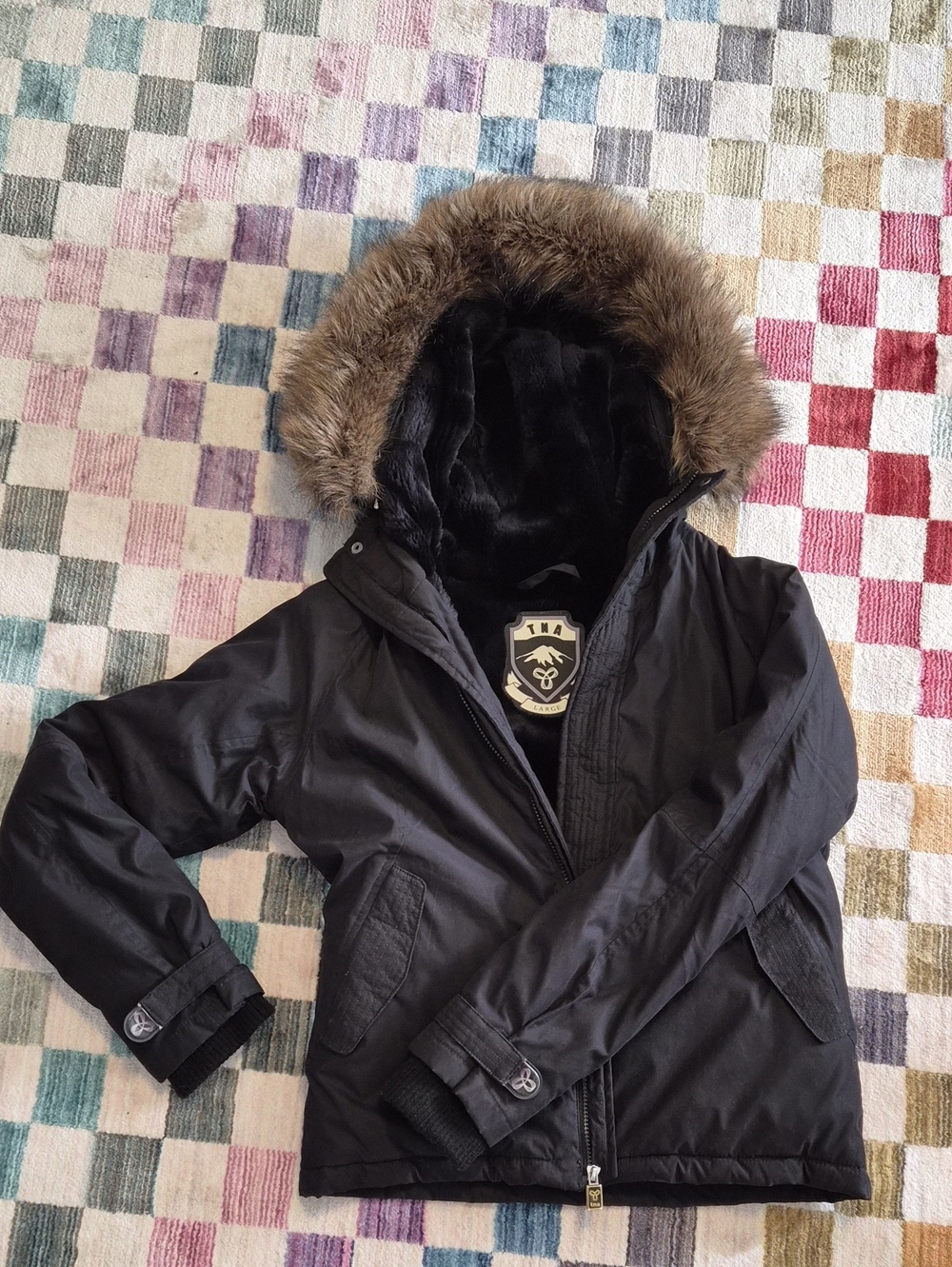 TNA Black Parka Jacket with Faux Fur Lined Size Large